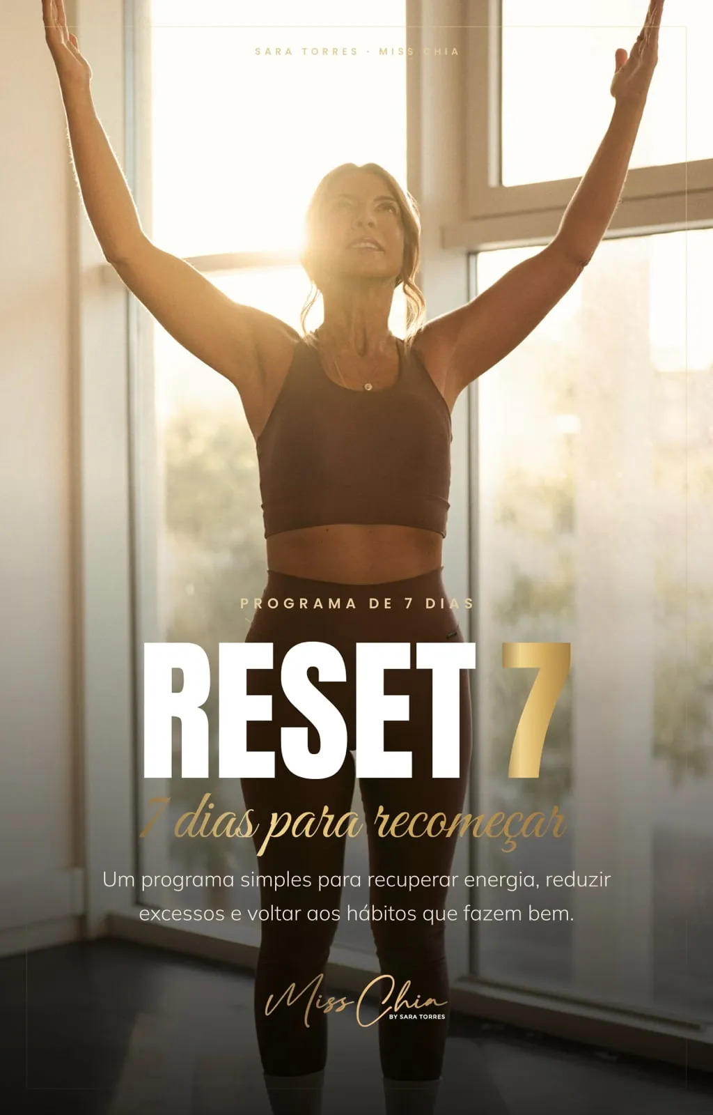 Capa do e-book RESET, 7 dias para recomeçar, com a Sara Torres de braços no ar, junto a uma janela.